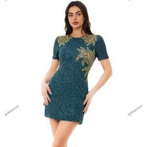 Vintage Laurence Kazar Green & Yellow Beaded Silk Dress Sz 2X